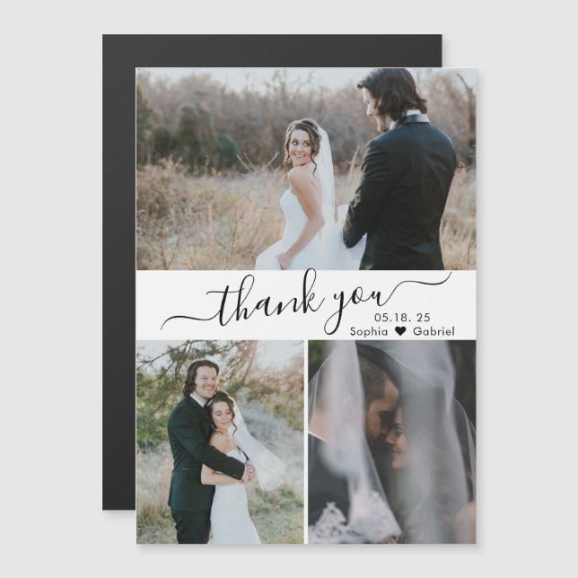Elegant Script Wedding 3 Photo Collage Thank You (Front/Back)