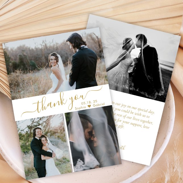 Elegant Script Wedding 3 Photo Collage Thank You Card (Creator Uploaded)