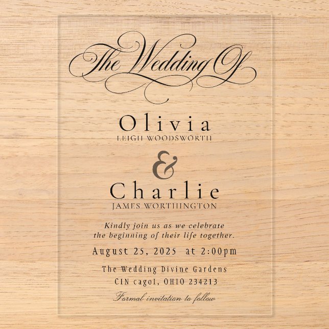 Elegant Script Wedding Acrylic Invitation (Front)
