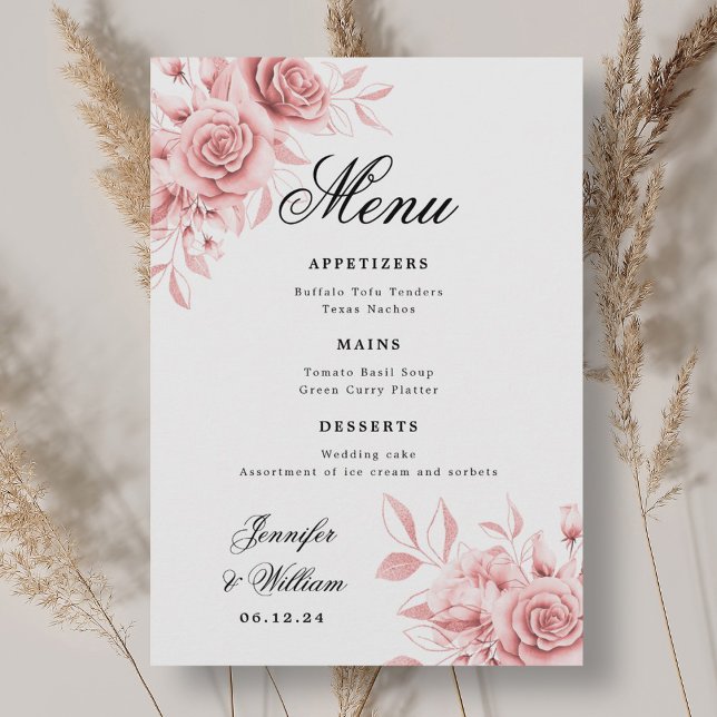 Elegant Script Wedding Blush Pink Rose Floral  Menu (Elegant Script Wedding Blush Pink Rose Floral Menu)