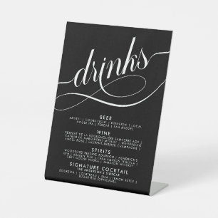 Elegant Script Wedding Drinks Bar Menu   Black  Pedestal Sign