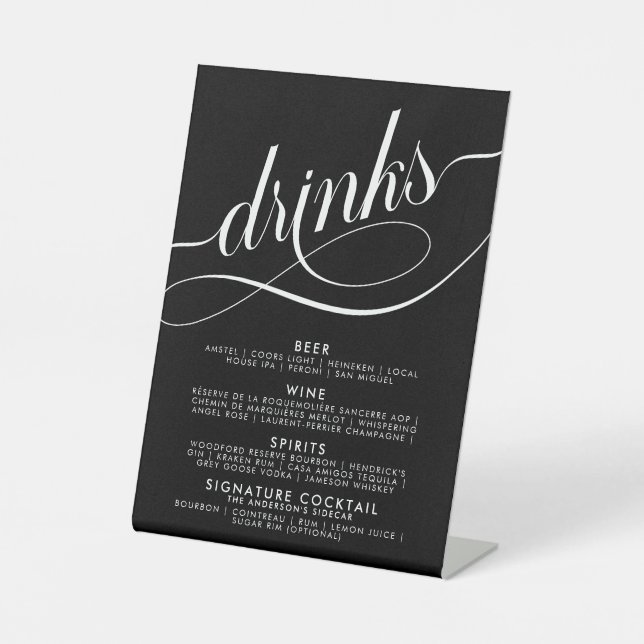 Elegant Script Wedding Drinks Bar Menu | Black  Pedestal Sign (Front)