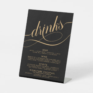 Elegant Script Wedding Drinks Bar Menu Gold Pedestal Sign