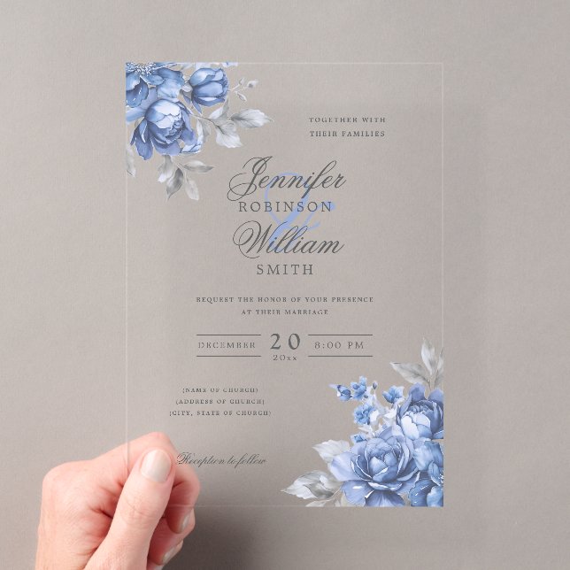 Elegant Script Wedding Dusty Blue Rustic Floral  Acrylic Invitations (Insitu (Handheld))