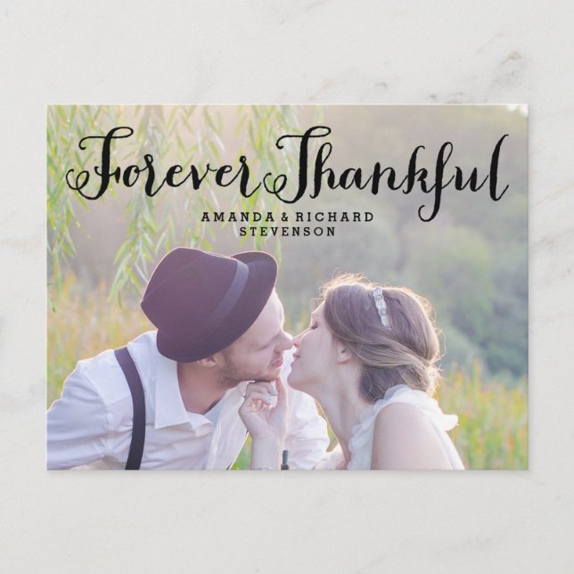 ELEGANT SCRIPT WEDDING FOREVER THANKFUL POSTCARD (Front)