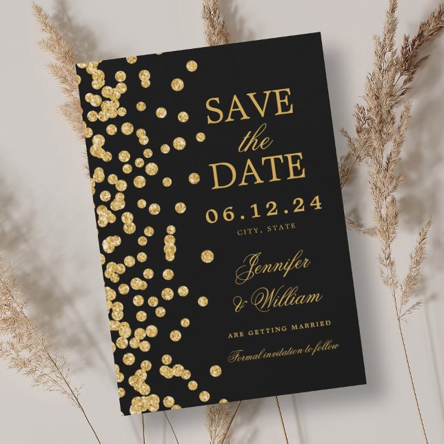 Elegant Script Wedding Gold Confetti Black Save The Date (Elegant Script Wedding Gold Confetti Black Save The Date)