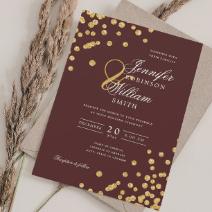 Elegant Script Wedding Gold Confetti Burgundy  Invitation