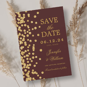 Elegant Script Wedding Gold Confetti Burgundy Save The Date