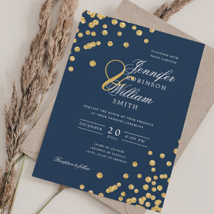 Elegant Script Wedding Gold Confetti QR Navy Blue  Invitation