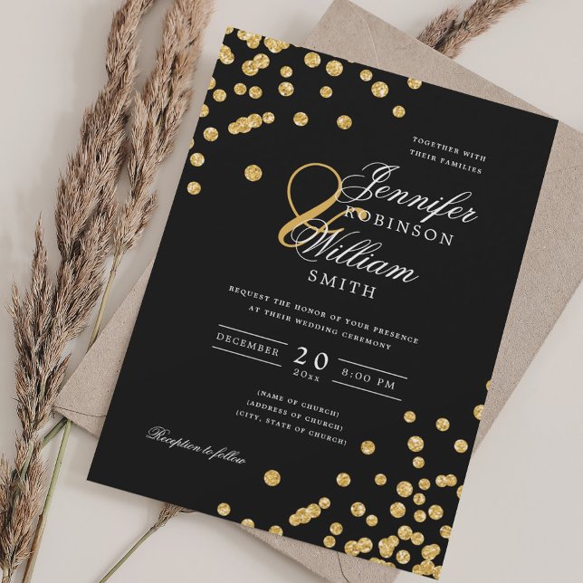 Elegant Script Wedding Gold Glitter Confetti Black Invitation (Elegant Script Wedding Gold Glitter Confetti Black Invitation)