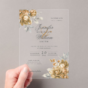 Elegant Script Wedding Gold Natural Rustic Floral  Acrylic Invitations