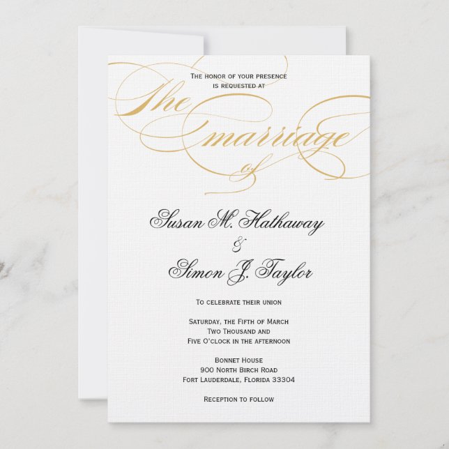 Elegant Script  Wedding Invitation - Gold & Black (Front)