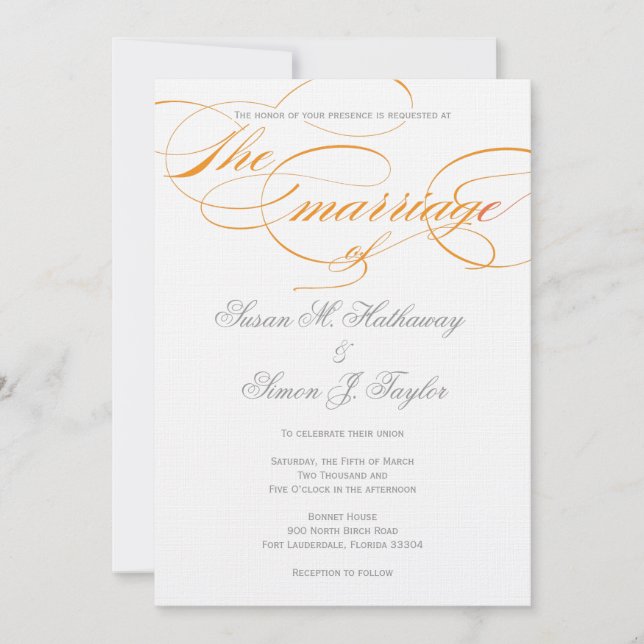 Elegant Script  Wedding Invitation - Orange (Front)