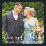 Elegant Script Wedding Love and Thanks Photo Square Sticker<br><div class="desc">Elegant Script Wedding Love and Thanks Bride and Groom Photo Thank You Sticker</div>