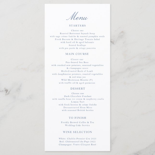 Elegant Script Wedding Menu Blue Toile Swans  (Front)
