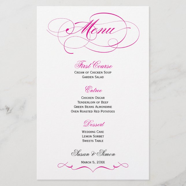 Elegant Script  Wedding Menu - Bright Pink (Front)