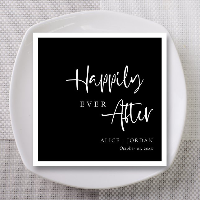 Elegant Script Wedding Napkins Happily Ever After (Happily Ever After Black and White Heart Wedding Napkins)