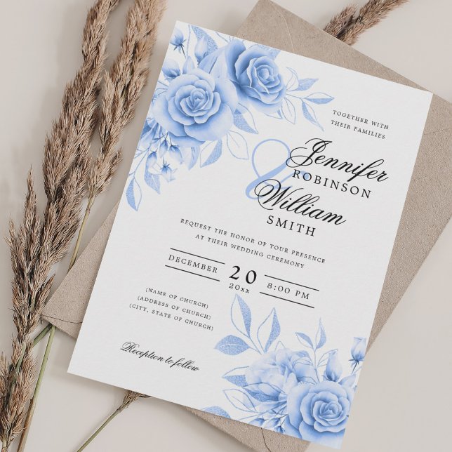 Elegant Script Wedding Navy Blue Floral w/ QR RSVP Invitation (Elegant Script Wedding Navy Blue Floral w/ QR RSVP Invitation)