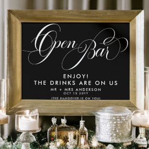 Elegant Script Wedding Open Bar Drink Menu Black Poster