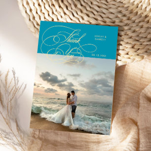 Elegant Script Wedding Photo Aqua Blue Thank You Card
