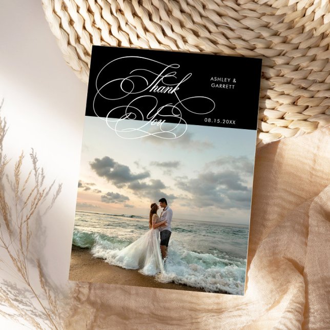 Elegant Script Wedding Photo Black Thank You Card (Creator Uploaded)