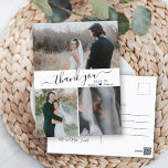 Elegant Script Wedding Photo Collage Thank You  Postcard<br><div class="desc">Modern, Elegant, Minimalist Hand Lettered Wedding Photo Collage Thank You Postard. Stylish wedding thank you postcard template featuring three (3) photo on the front and one (1) photo on the back side. With the text "thank you" in a swirly hand lettered typography script font in black on white background. Personalise...</div>