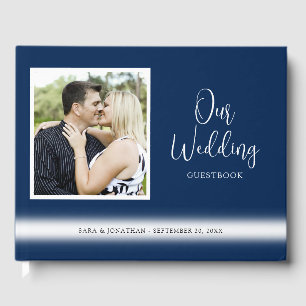 Elegant Script Wedding Photo Dark Blue Guest Book