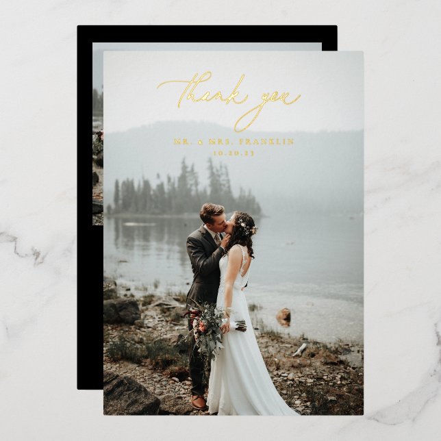 Elegant Script Wedding Photo Foil Thank You Card (Front/Back)