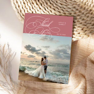 Elegant Script Wedding Photo Pink Thank You Card