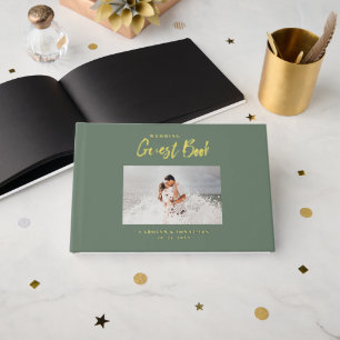 Elegant Script Wedding Photo Sage Guest Book