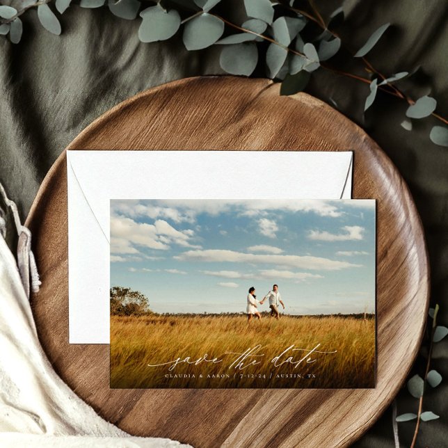 Elegant script Wedding Photo Save the Date (Elegant Script wedding Save the dates. Photo overlay save the date card)
