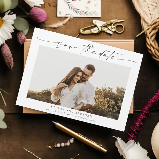 Elegant Script Wedding Photo Save the Date Magnet (An elegant photo wedding save the date magnet with handwritten script and minimal typography.)