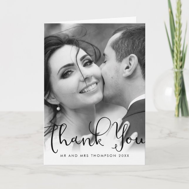 Elegant Script Wedding Photo Thank You Card (Front)