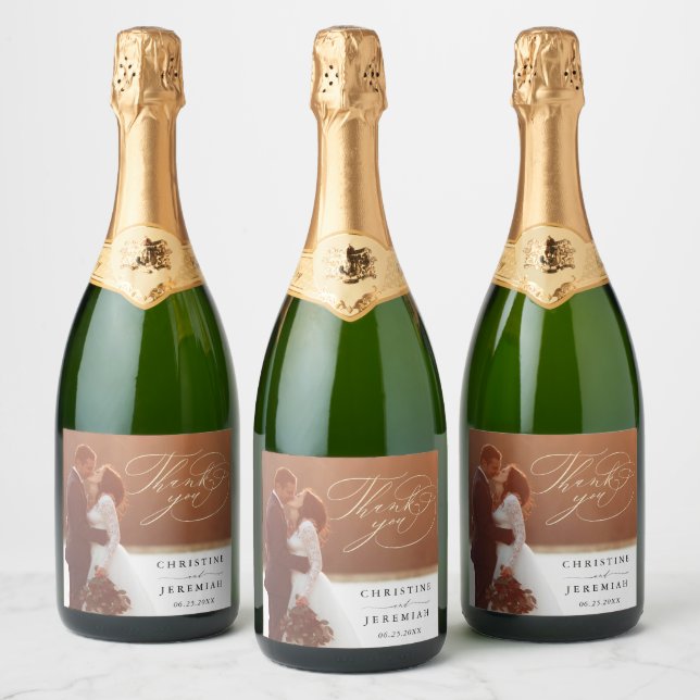 Elegant Script Wedding Photo Thank You Sparkling Wine Label (Bottles)