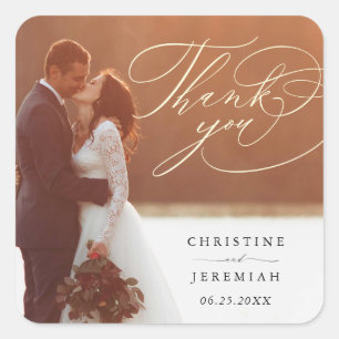 Elegant Script Wedding Photo Thank You Square Stic Sticker