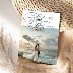 Elegant Script Wedding Photo White Thank You Card