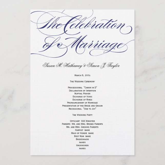 Elegant Script  Wedding Program - Navy Programme (Front)