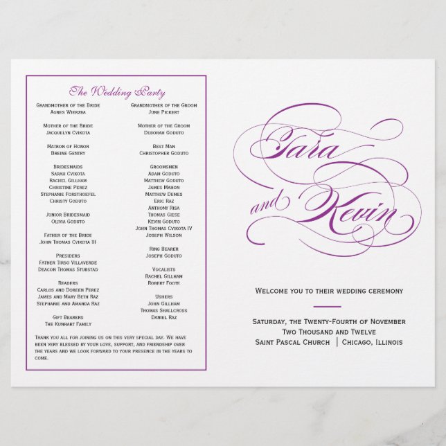 Elegant Script Wedding Program - Purple (Front)