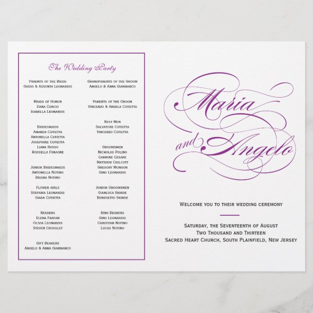 Elegant Script Wedding Program - Purple (Front)