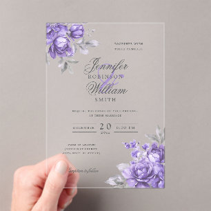 Elegant Script Wedding Purple Rustic Floral  Acrylic Invitations