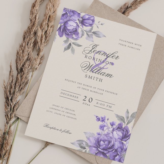 Elegant Script Wedding Purple Rustic Floral  Invitation (Elegant Script Wedding Purple Rustic Floral Invitation)