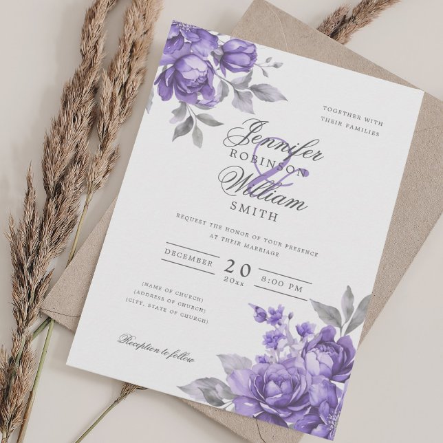 Elegant Script Wedding Purple Rustic Floral  Invitation (Elegant Script Wedding Purple Rustic Floral Invitation)