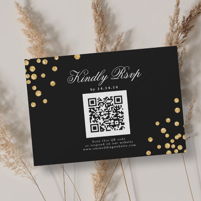 Elegant Script Wedding QR RSVP Gold Blac Confetti  (Elegant Script Wedding QR RSVP Gold Blac Confetti )