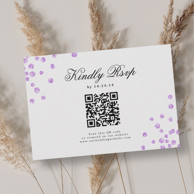Elegant Script Wedding QR RSVP Purple Confetti  Card (Elegant Script Wedding QR RSVP Purple Confetti )