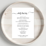 Elegant Script Wedding Reception Menu<br><div class="desc">Elegant wedding reception dinner menu with "menu" in a chic calligraphy script with swashes,  your customised menu in simple typography,  your first names joined by a heart and your reception date.</div>