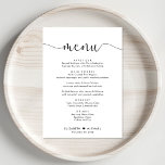 Elegant Script Wedding Reception Menu<br><div class="desc">Elegant wedding reception dinner menu with "menu" in a stylish calligraphy script with swashes,  your menu in simple modern typography,  your first names joined by a heart and your reception date.</div>