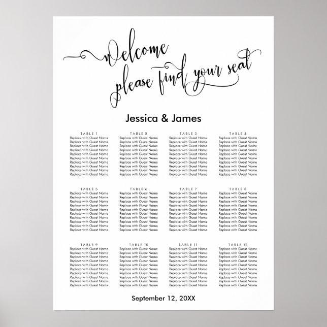 Elegant Script Wedding Reception Seating Chart (Front)