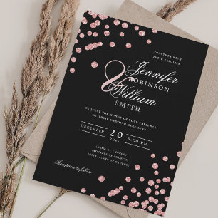 Elegant Script Wedding Rose Gold Confetti Black Invitation