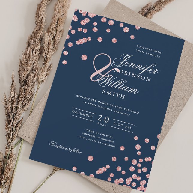Elegant Script Wedding Rose Gold Confetti Navy Blu Invitation (Elegant Script Wedding Rose Gold Confetti Navy Blue Invitation)