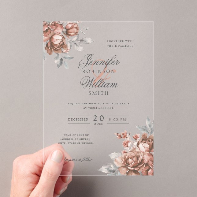 Elegant Script Wedding Rose Gold Rustic Floral  Acrylic Invitations (Insitu (Handheld))
